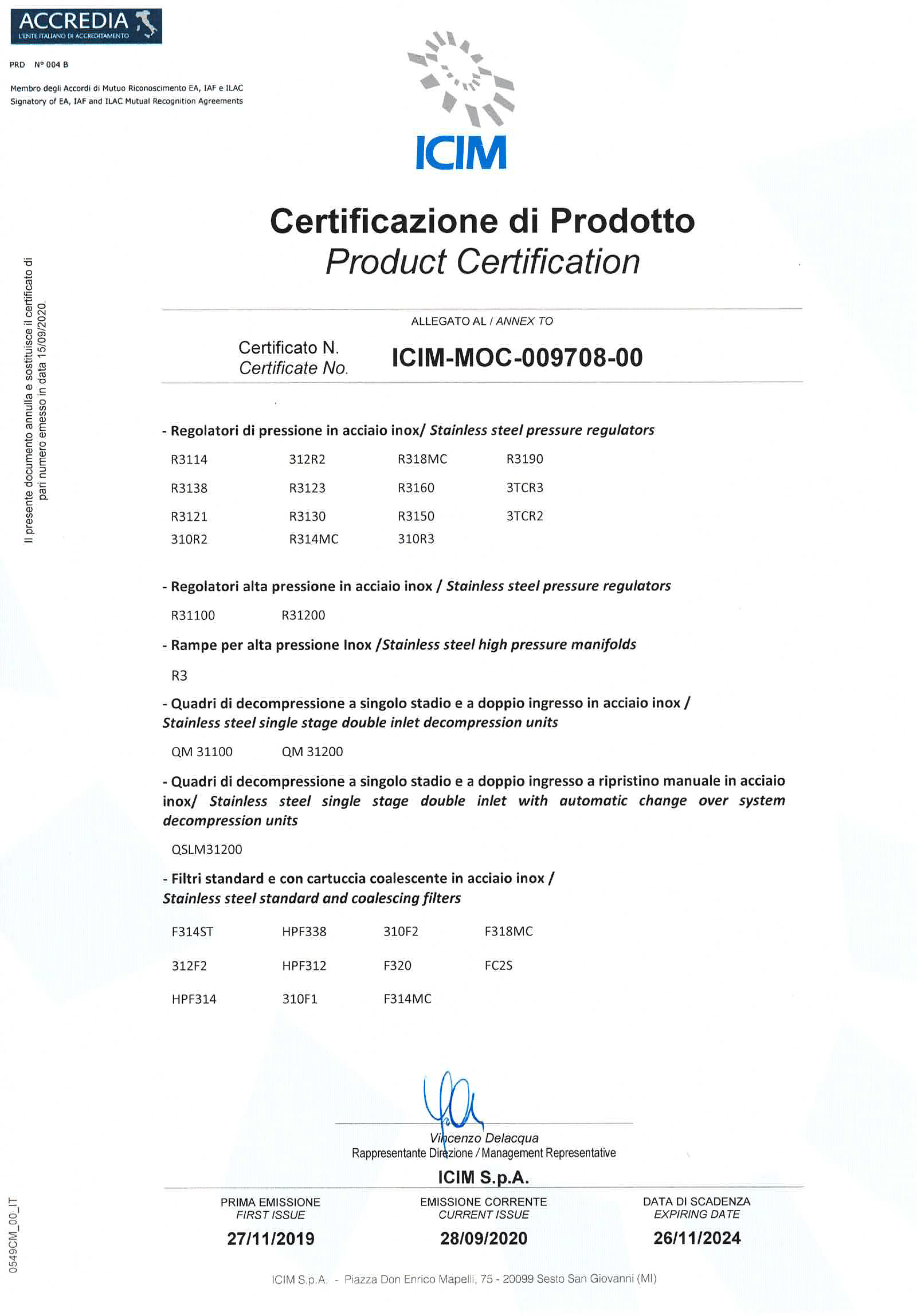 ICIM MOC-009708-00 Certificato di Prodotto 2020-2